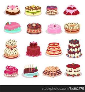 Set of decorated with colored frosting, fruits and chocolate cakes. Vector in flat style. Beautiful confectionery. Dessert. For pastry shop ad, birthday or wedding greeting cards design, diet concepts. Set of Decorated Cakes Vector in Flat Design. Set of Decorated Cakes Vector in Flat Design