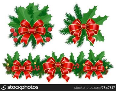 Set of decoration for christmas. Isolated floral composition of mistletoe and pine tree branch. Cone and berries with ribbon bow. Swirl stripe and traditional xmas evergreen foliage. Vector in flat. Mistletoe with Pine Tree Branches and Ribbon Bow