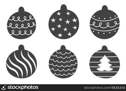Set of decorative Christmas toys for the tree, ball with a pattern. Hand drawn vector illustration.Traditional holiday symbol