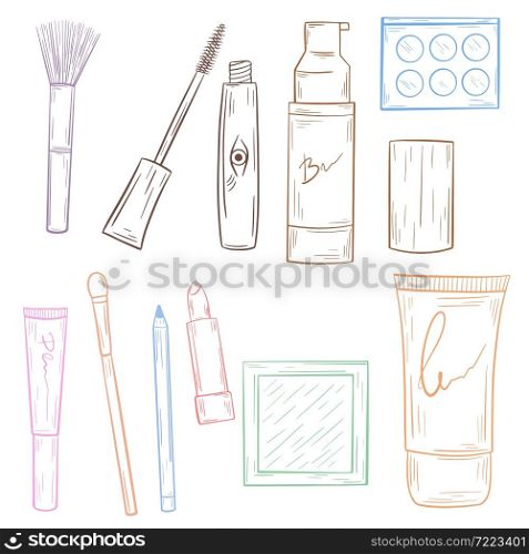Set of decorative cosmetics handmade sketch, vector illustration. Collection of items for make-up. Hand engraved womens accessories.. Set of decorative cosmetics handmade sketch, vector illustration.