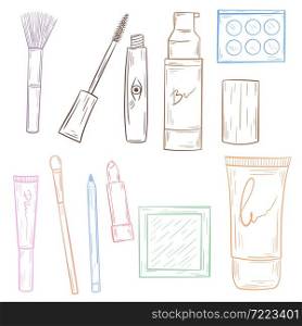 Set of decorative cosmetics handmade sketch, vector illustration. Collection of items for make-up. Hand engraved womens accessories.. Set of decorative cosmetics handmade sketch, vector illustration.
