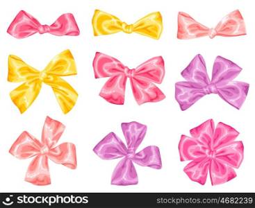 Set of decorative delicate satin gift bows and ribbons. Set of decorative delicate satin gift bows and ribbons.