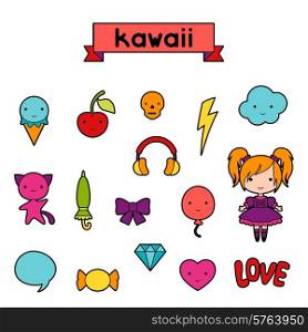 Set of decorative design elements kawaii doodles.