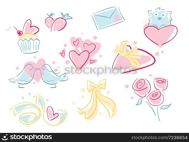 Set of decorative elements on Valentines Day. Heart, doves, ribbons, roses and other elements for design. Romantic symbol, vector icons for Valentine day. Cartoon style.. Valentine day love beautiful