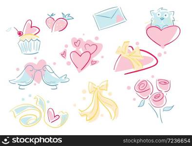 Set of decorative elements on Valentines Day. Heart, doves, ribbons, roses and other elements for design. Romantic symbol, vector icons for Valentine day. Cartoon style.. Valentine day love beautiful