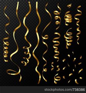 Set of decorative gold confetti and ribbons on transparent background, vector illustration