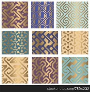 Set of decorative golden abstract geometrical seamless patterns. Traditional oriental ornamental backgrounds. Vector illustration.