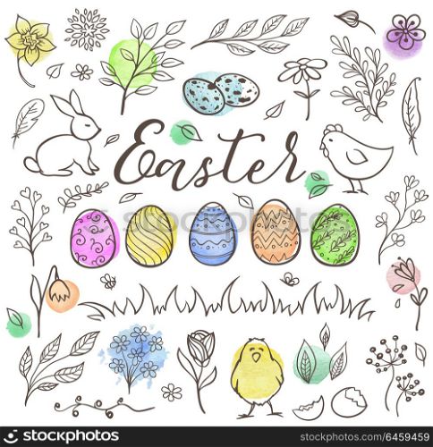 Set of decorative hand drawn Easter doodle elements for design. Vector kit with watercolor texture.