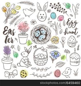 Set of decorative hand drawn Easter doodle elements for design. Vector kit with watercolor texture.