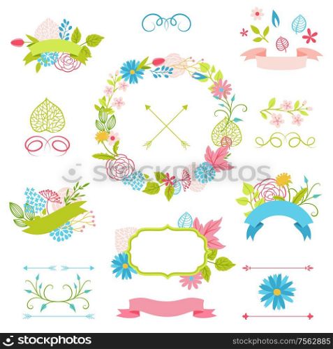 Set of decorative ribbons with spring flowers. Beautiful natural plants, buds and leaves.. Set of decorative ribbons with spring flowers.
