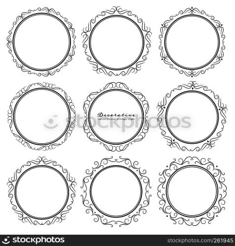 Set of decorative round frames vintage style. Vector illustration.