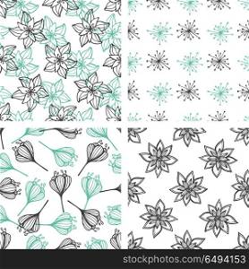 Set of decorative vector floral seamless patterns with green and black flowers on a white background. Patterns with green and black flowers
