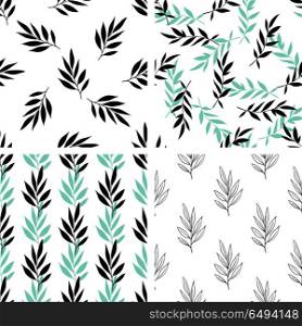 Set of decorative vector floral seamless patterns with green leaves on a white background. Seamless patterns with green leaves