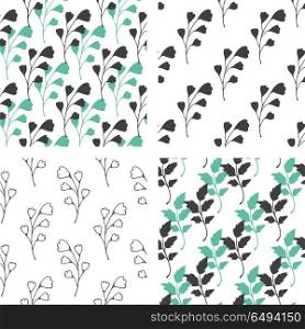 Set of decorative vector seamless patterns with green and black florals on a white background. Seamless patterns with green and black florals