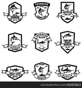Set of deep sea marlin fishing emblems. Design element for logo, label, emblem, sign. Vector illustration