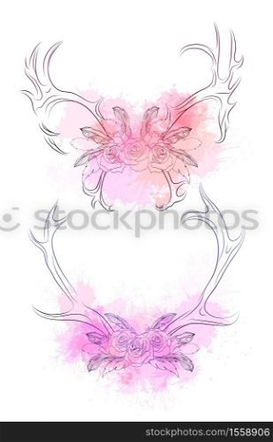 Set of deer horns with feather, rose and gentle watercolor splashes. Outline drawing on white background. Vector tribal element for invitations, greeting cards and your creativity.. Set of deer horns with feather, rose and gentle watercolor splashes. Outline drawing