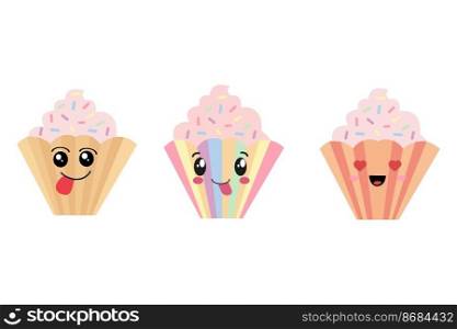 Set of delicious cupcakes in kawaii style. Dessert vector illustration design. Set of delicious cupcakes in kawaii style. Dessert vector illustration design.