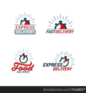Set of Delivery Related Color Icons. Logos with timer and fast, food, or express delivery inscriptions in red and gray. Flat style vector illustration isolated on white background. Set of Delivery Related Color Icons. Logos with timer and fast, food, or express delivery inscriptions in red and gray. Flat style vector illustration isolated on white background.
