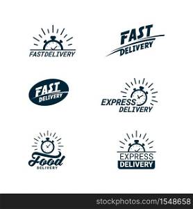Set of Delivery Related monochrome Icons. Logos with timer and fast, food, or express delivery inscriptions. Flat style vector illustration isolated on white background. Set of Delivery Related Color Icons. Logos with timer and fast, food, or express delivery inscriptions in red and gray. Flat style vector illustration isolated on white background.