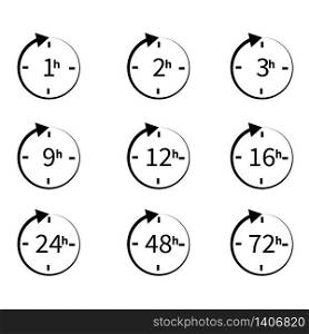 set of delivery service time icons on white background. flat style. clock arrow 1, 3, 6, 9, 12, 16, 24, 48, 72 hours icon for your web site design, logo, app, UI. set of time symbol.