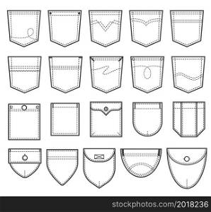 Set of denim pocket patches. Elements for uniform or casual style clothes, dresses and shirts. Vector illustration on white background. Set of denim pocket patches. Outline elements for uniform or casual style clothes, dresses and shirts. Line vector illustration on white background