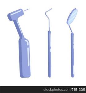 Set of dental and medical instrument. Dental drill, curette metal, inspection mirror flat icons. Medical equipment tooth surgeon. Vector illustration. Set of dental and medical instrument. Dental drill, curette metal, inspection mirror flat icons.