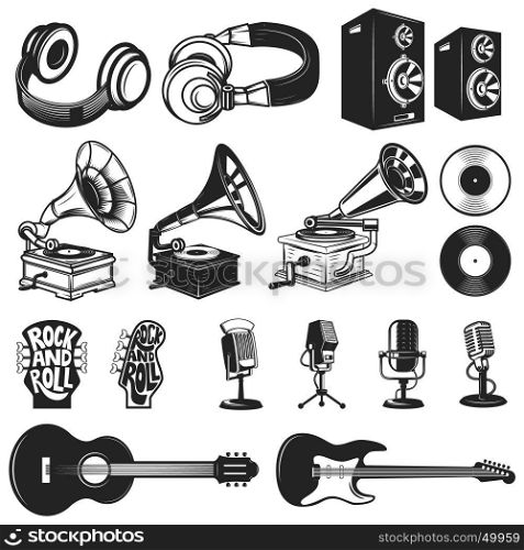 Set of design elements for music labels. Headphones, gramophones, microphones, guitars. Vector illustration