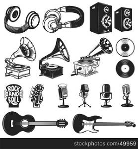 Set of design elements for music labels. Headphones, gramophones, microphones, guitars. Vector illustration