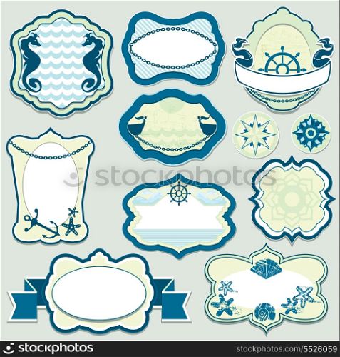 Set of design elements - marine themes frames, badges and labels in blue colors