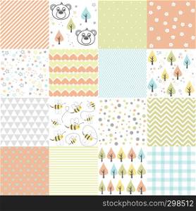 Set of design elements of baby theme seamless patterns