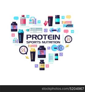 Set of design elements, which are arranged in the shape of a heart. Protein, sports nutrition, water, shaker, dumbbell, energy drinks.