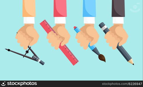 Set of Designer Tools. Set of hands with tools for design. Architect designer for project drawings. Architect hands with pencil and ruler. Architects workplace. Technical project.