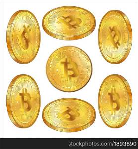 Set of detailed gold coins Bitcoins in isometric view isolated on white. BTC symbol of modern digital gold and money. Vector illustration.