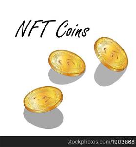 Set of detailed isometric golden coins NFT non fungible tokens isolated on white. Pay for unique collectibles in games or art. Vector illustration.