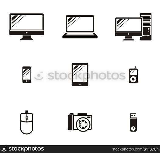 Set of device icon design flat. Devices tablet icon, mobile icon, laptop icon, technology icons, phone computer and tablet icon, laptop device icons, electronic digital monitor illustration