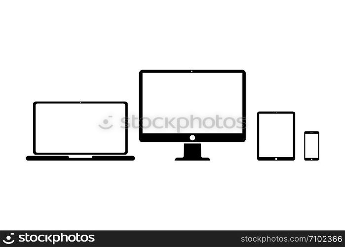Set of devices on white background. Computer laptop tablet and smartphone with empty screens. Mock up. EPS 10. Set of devices on white background. Computer laptop tablet and smartphone with empty screens. Mock up.