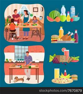 Set of dietary food compositions, collection of people cooking meal. Family preparing food for holidays. Bachelor cooking at home with pet. Watermelon and water, chicken and junk products vector. People Cooking in Kitchen, Family and Lone Man