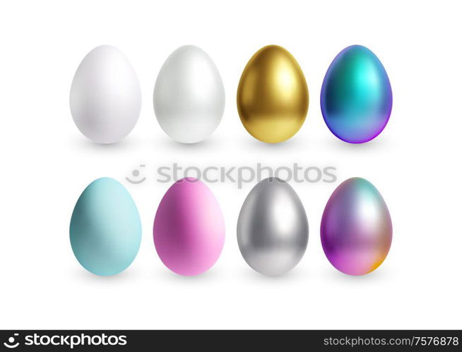 Set of different 3D realistic, shiny, golden, holographic Easter eggs isolated on white background. Vector illustration EPS10. Set of different 3D realistic, shiny, golden, holographic Easter eggs isolated on white background. Vector illustration