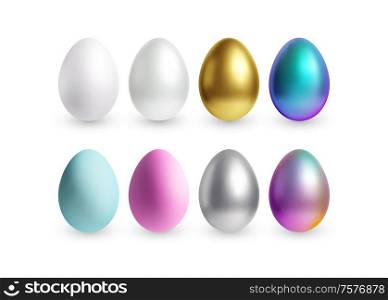 Set of different 3D realistic, shiny, golden, holographic Easter eggs isolated on white background. Vector illustration EPS10. Set of different 3D realistic, shiny, golden, holographic Easter eggs isolated on white background. Vector illustration