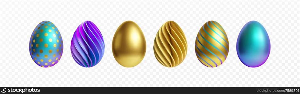 Set of different 3D realistic, shiny, golden, holographic Easter eggs isolated on white background. Vector illustration EPS10. Set of different 3D realistic, shiny, golden, holographic Easter eggs isolated on white background. Vector illustration
