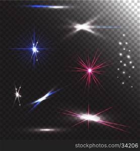 Set of different abstract lens flares on transparent background. Group of light effects. Design elements in vector