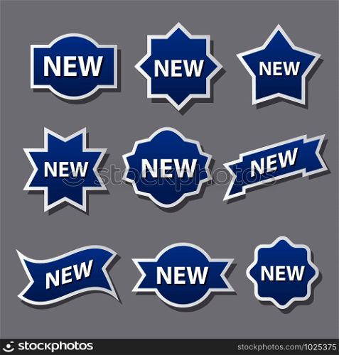 set of different advertising badges and stickers in blue color. new advertising badges