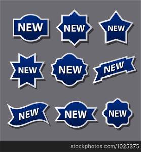 set of different advertising badges and stickers in blue color. new advertising badges