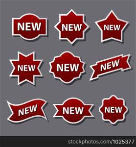 set of different advertising badges and stickers in red color. advertising badges