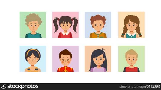 Set of different avatar of boys and girls on square.Flat vector cartoon character illustration.