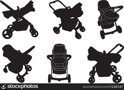 Set of different baby strollers isolated on white