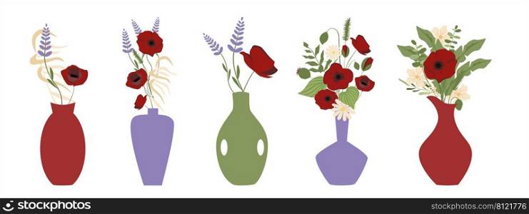 Set of different beautiful bouquets with garden and wildflowers  in vases vector flat illustration. Collection of different flowering plants in vases  with stems and leaves isolated on white