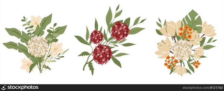 Set of different beautiful bouquets with garden and wildflowers vector flat illustration. Collection of different flowering plants with stems and leaves isolated on white