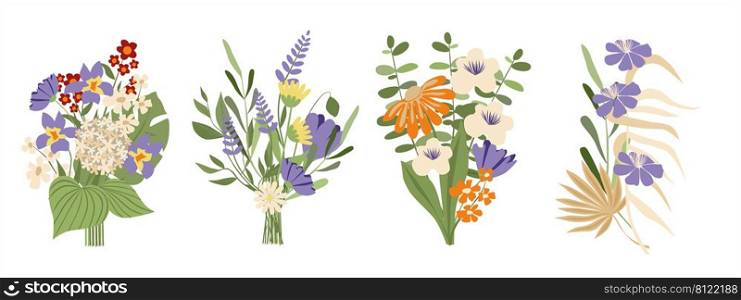 Set of different beautiful bouquets with garden and wildflowers vector flat illustration. Collection of different flowering plants with stems and leaves isolated on white