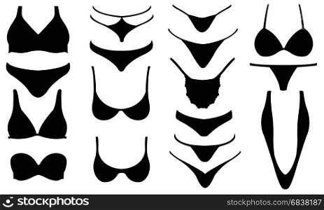 Set of different bikini pieces isolated on white